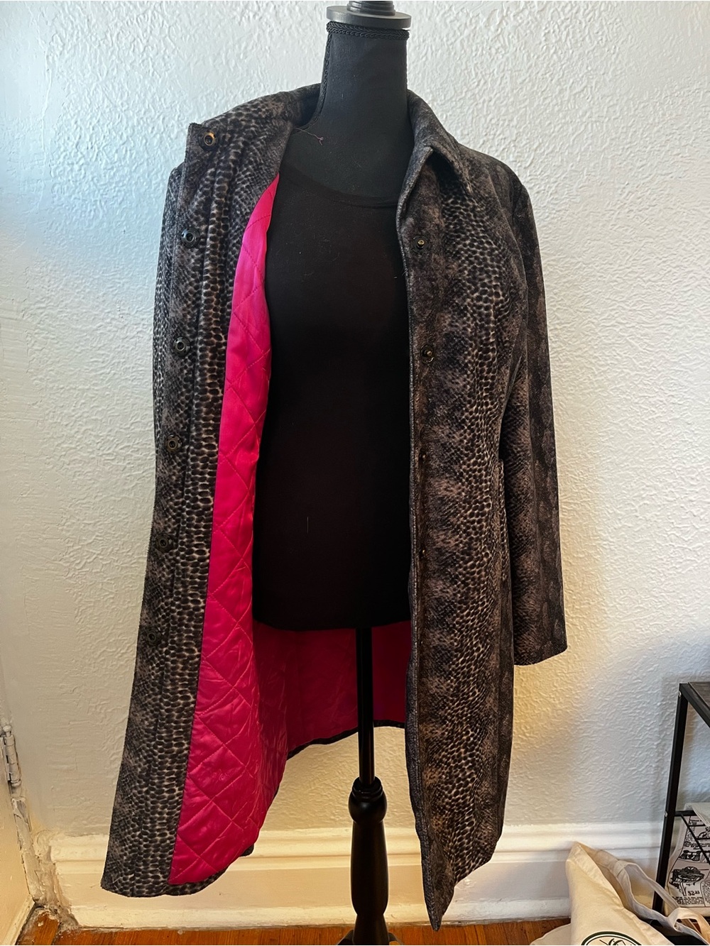 Women’s Faux-Snake Print Coat with Hot Pink Quilted Lining
